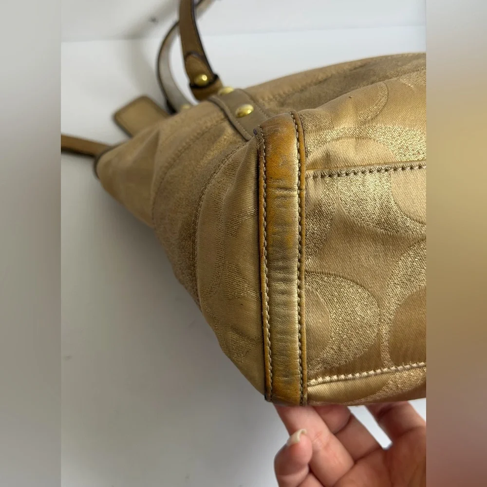 Coach Signature Stripe Studded Lurex Tote in a Gold Colorway - Picture 6 of 13